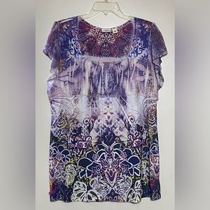 Cato Boho Purple Multicolor Floral Women’s  Short Sleeve Tunic Blouse Sz XL